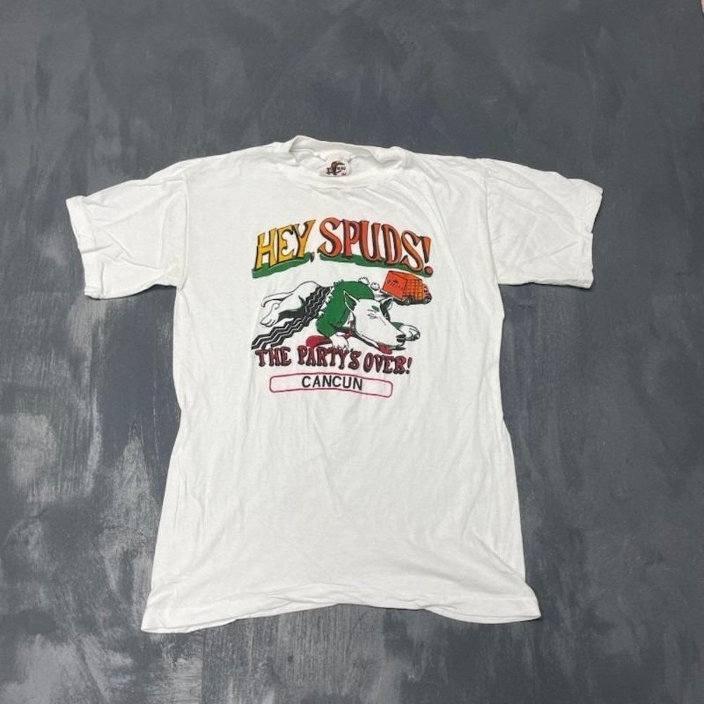 Vintage Hey Spuds Cancun Graphic T-Shirt Men Medium White 1990s Miro